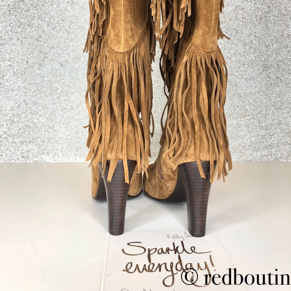 Saint Laurent Tan Suede Fringe Knee-High Heeled Boots - Picture 6 of 8